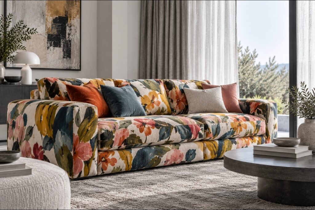 Sofá tapizado con tejido floral en salón luminoso