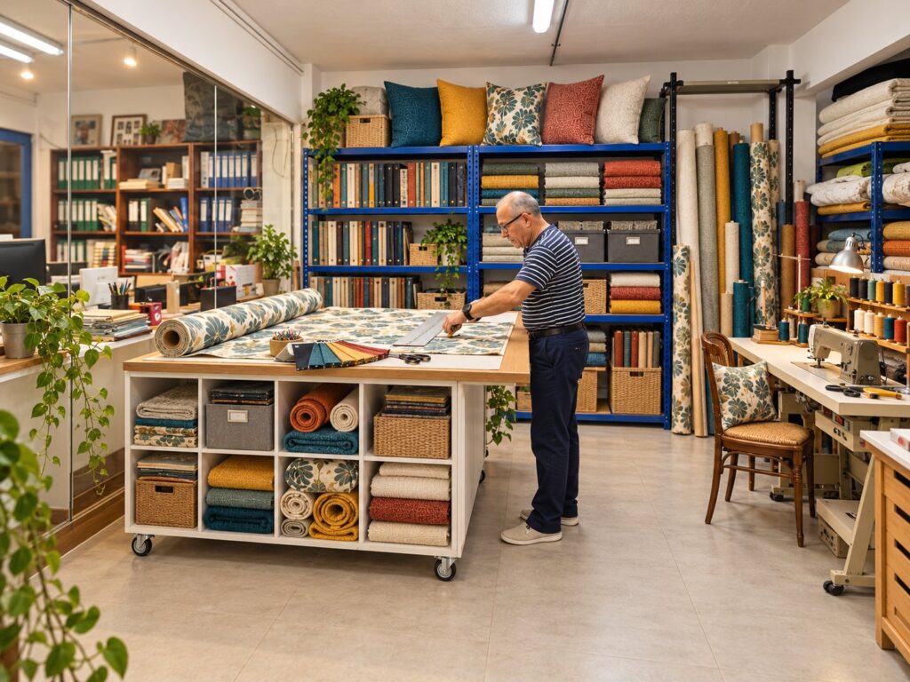 Preparando tejidos en el taller de tapicería