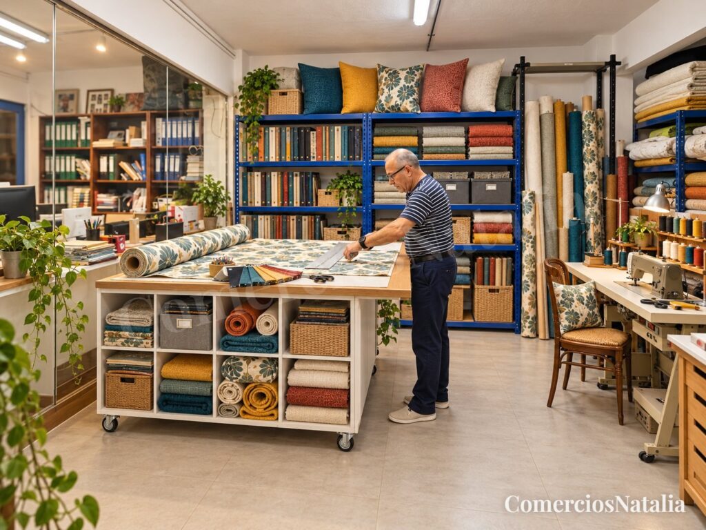 Preparando tejidos en el taller de tapicería